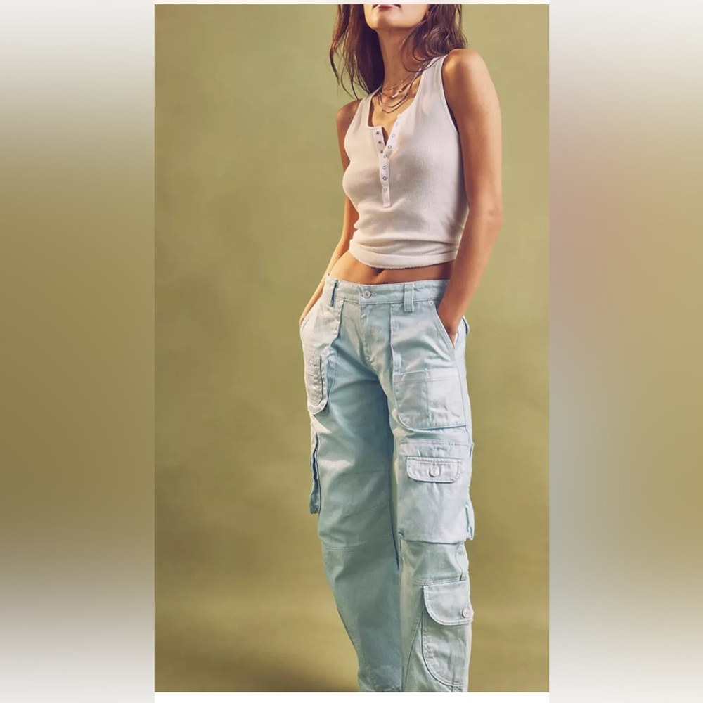 Free People We The Free Lap Of Luxury Low Rise Barrel Cargo Metallic AquaMarine